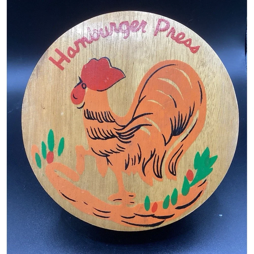 Vintage Wood Hamburger Press Rooster Hen Chicken Motif 5.5